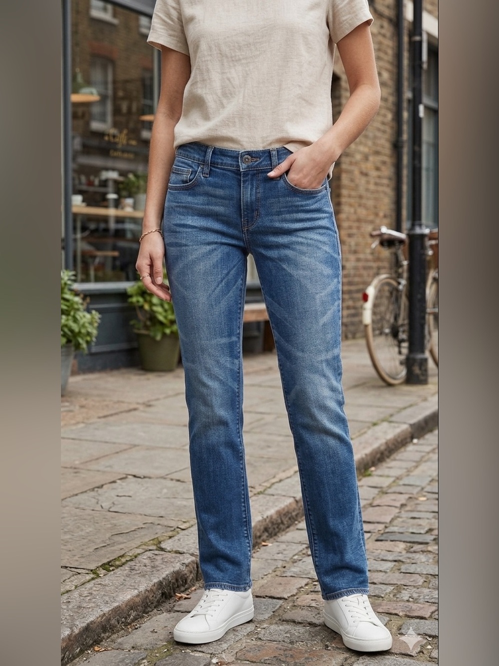 Madewell Blue Straight Leg
Mid 8” rise. Terrific gradation.
5 pocket sz 27/32